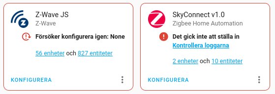 Två gränssnitt för smart hem-automation, Z-Wave och Zigbee, med statusmeddelanden och antal anslutna enheter/entiteter.