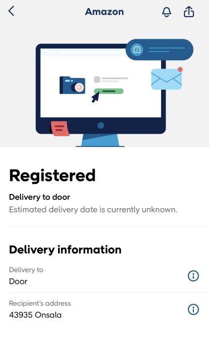 Skärmdump från Amazon mobilapp visar bekräftelse på registrerad beställning med okänd leveransdatum.