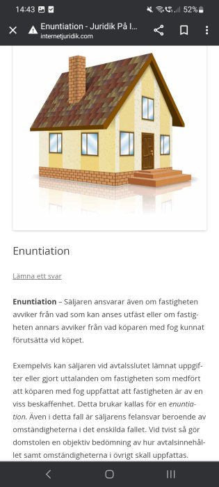 Skärmdump av webbsida om 'enuntiation' med illustration av hus, juridisk text om säljaransvar vid fastighetsaffärer.