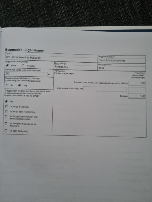 Formulär för byggnadsegenskaper, typkod, byggnadstyp, area, uppvärmning, skydd, verksamhet, enkel, friliggande, byggår.