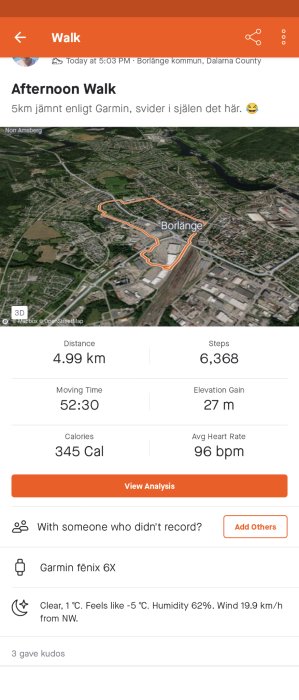 Skärmdump av promenadaktivitet: 4.99 km, 6368 steg, Borlänge, Garmin app, kyligt väder.