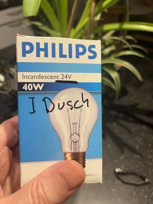 En hand håller en Philips-glödlampsförpackning med texten "I Dusch" och en skruv i bakgrunden.