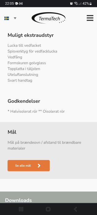Skärmdump från mobil, webbsida med tillbehör och godkännanden för TermaTech-produkter, nedladdningsfält nedtill.