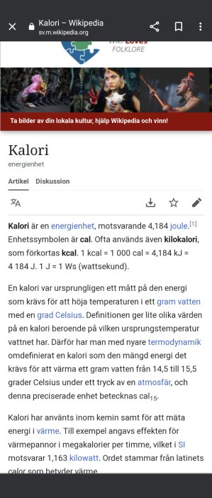 Skärmdump av Wikipedia, artikel om "kalori", energienhetsinfo, mobilgränssnitt, svensk text, folklorefestivalbanner ovanpå.