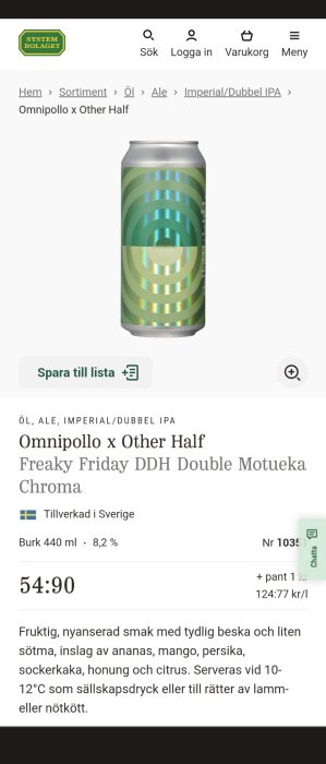 Ölburk på Systembolagets hemsida, Omnipollo x Other Half samarbete, Imperial Double IPA.
