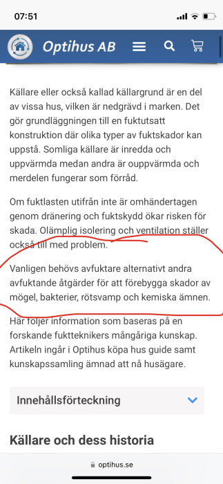 Skärmbild av en webbsida på svenska, Optihus AB, om källare, fuktproblem och förebyggande underhåll.