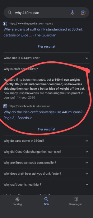 Sökmotorsida med en markerad text om varför bryggerier använder 440 ml burkar.