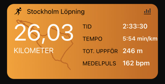 Sammanfattning av löprunda: sträcka 26,03 km, tid 2:33:30, genomsnittstempo, total stigning, och medelpuls.