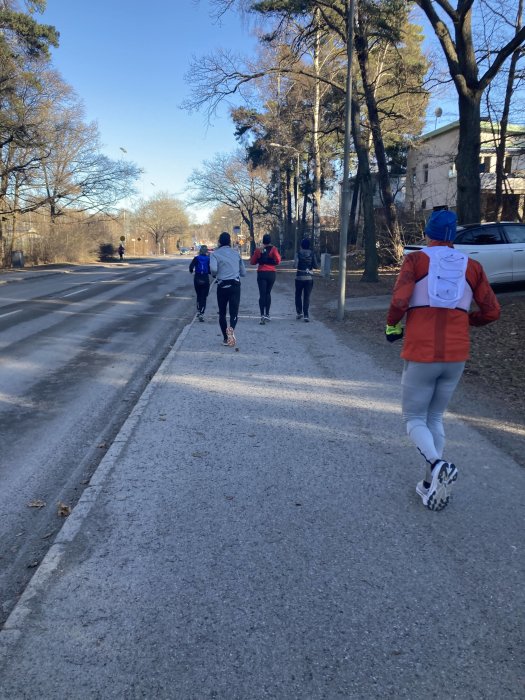 Personer joggar på trottoar vid sidan av en gata, omgivna av träd och byggnader, i dagsljus.