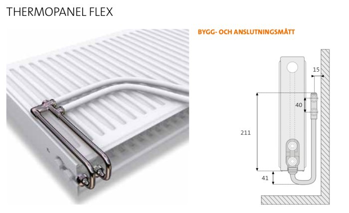 Radiator med anslutningsrör, teknisk illustration, byggmått. "Thermopanel Flex" text, vit bakgrund.