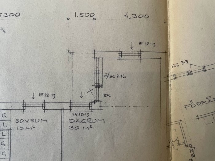 Arkitektonisk ritning, handritade mått och anmärkningar, layout för rum, väggar och dörrar, ingenjörs eller arkitekts arbete.