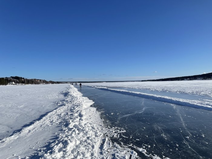 Personer skrinnar på en upptrampad isbana på en frusen sjö under en klarblå himmel.