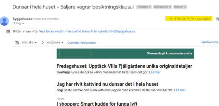 E-postmeddelande med rubriker om hus och inredning på svenska, bildvisning avaktiverad.