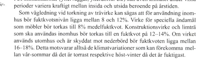 Svensk text om fuktkvot i trä vid torkning för olika användningsområden och klimatvariationers påverkan.