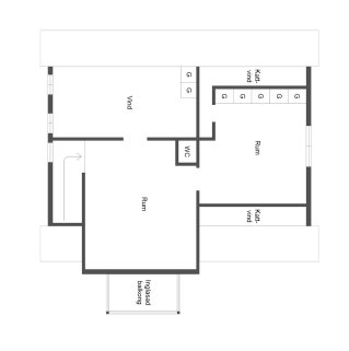 Ritning av en lägenhetsplan med rum, kök, vardagsrum och badrum markerade.