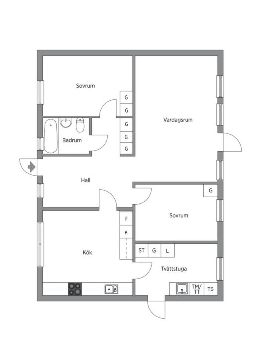 Planritning av en lägenhet med två sovrum, badrum, kök, vardagsrum och tvättstuga.