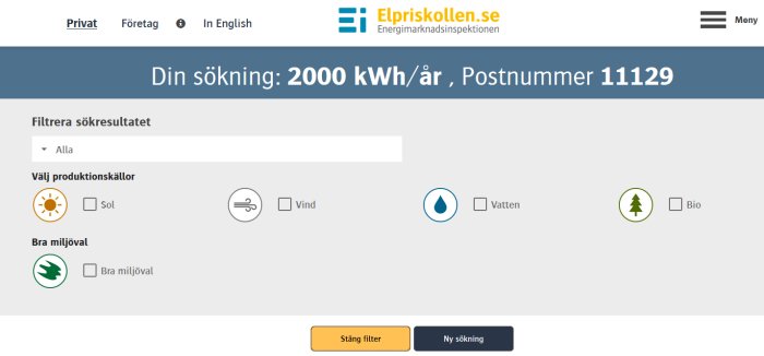 Webbsida för eljämförelse med filterval för sol, vind, vatten, bio, miljömärkning. Text på svenska, sökning energiförbrukning.