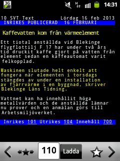 Skärmdump av en mobil med text om kaffevatten och värmelement, på svenska, datum 16 februari 2013.