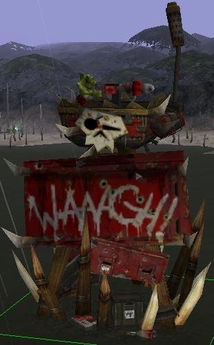 Animerad orkstridsvagn med sköldar, spjut och "Waaagh!"-graffiti; dystopisk bakgrund med döda träd.