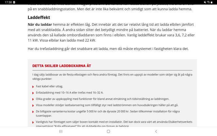 Skärmdump av en text på svenska om laddning av elbilar och skillnader mellan olika laddboxar.