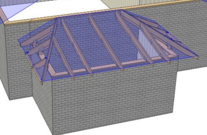 3D-modell av en byggnad med genomskärning av takkonstruktion och tegelväggar.