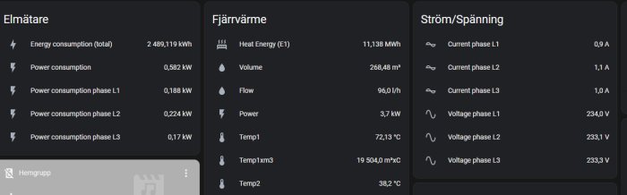 Skärmdump av ett gränssnitt som visar data om elektricitet, fjärrvärme och spänning i ett energisystem.