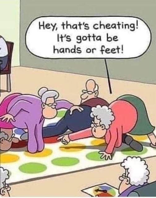 Äldre människor spelar Twister, en anklagar en annan för fusk. Humoristisk, karikatyrstil, pratbubbla, inomhusspel.