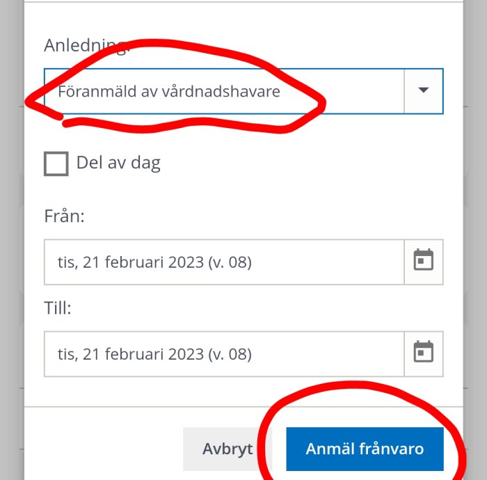 Skärmdump av frånvaroanmälan med markerad text "Föräldmäld av vårdnadshavare".