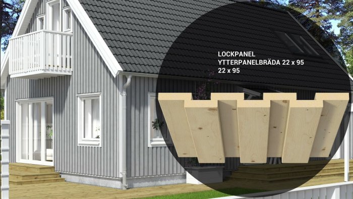 Tvådelad bild: husets fasad och närbild av lockpanel, byggmaterialspecifikation.