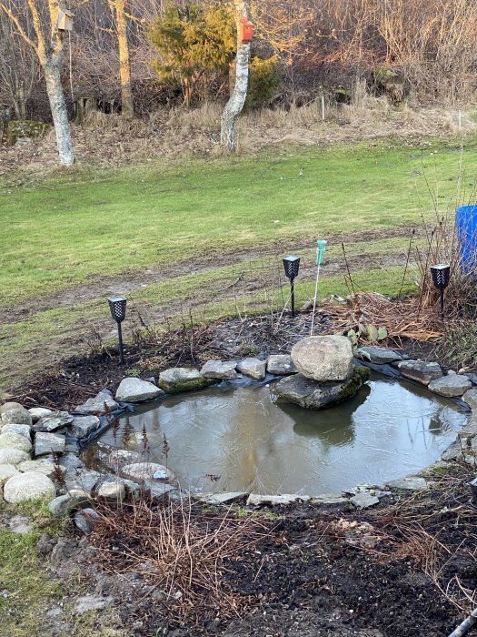 En frusen trädgårdsdamm omgiven av stenar och vissna växter, med solfångarlampor och skog i bakgrunden.