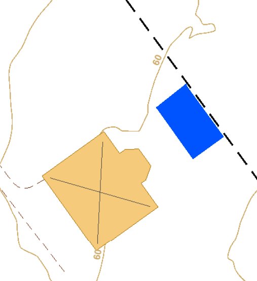 Abstrakt karta med beige polygon, blå rektangel, streckade linjer, och konturlinjer.