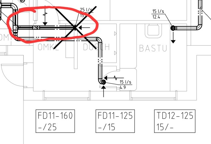 Teknisk ritning av VVS. Markerad del med rött. Flödeshastigheter och dimensioner angivna. Omklädningsrum och bastu inkluderade.