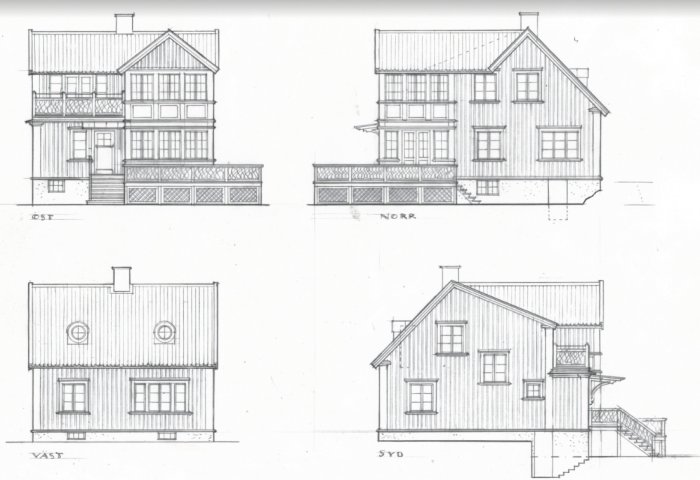 Arkitektoniska ritningar, ett hus, fyra vyer: öst, nord, väst, syd. Detaljerade fasader, skala, konstruktionsdetaljer.