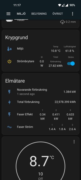 Skärmdump av en smart enhetsapplikation som visar temperatur, luftfuktighet och elförbrukning i realtid.