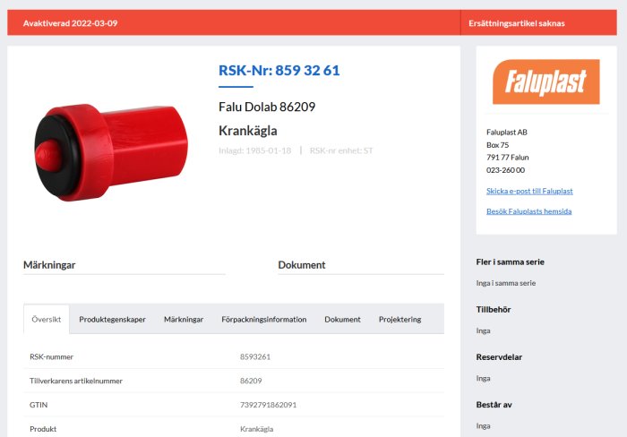 Produktbild av en röd krankågla från Faluplast, information om artikelnumret, företagsdetaljer och dokumentlänkar visas.