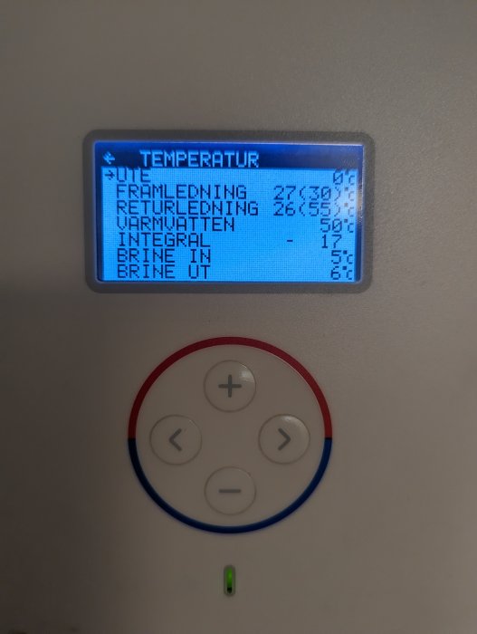 Digital skärm som visar temperaturer, knappsats med plus- minus-knappar, pilar, röd och blå ring.