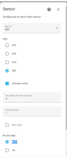 Inställningsmeny för Nord Pool-sensor, region, valuta, moms, decimaler, prisnivå och format.