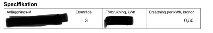 Tabell med text, "Specifikation", vissa delar svärtade, anger elområde, förbrukning, ersättning för el.