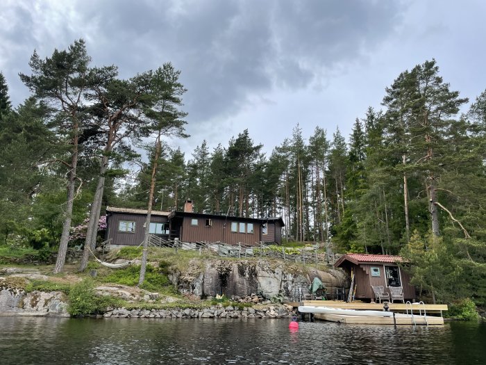 Stuga på klippa, omgiven av tallar, vid vatten med brygga och båt. Molnig himmel. Fredlig, nordisk sjöutsikt.