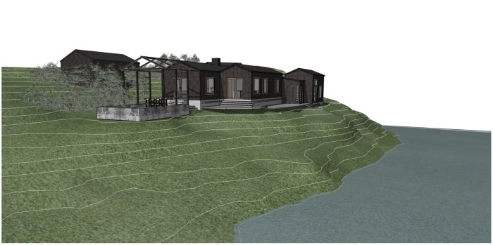 3D-rendering av modern villa vid kusten, terrasserad grön sluttning, glasveranda, lugnt landskap.