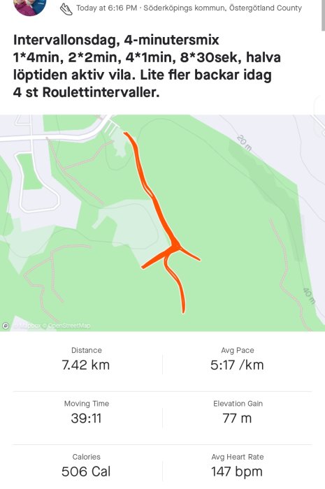 Löpträning, intervaller, karta, distans (7,42 km), tid (39:11), tempo (5:17/km), kaloriförbrukning (506 Cal), höjdvinst.