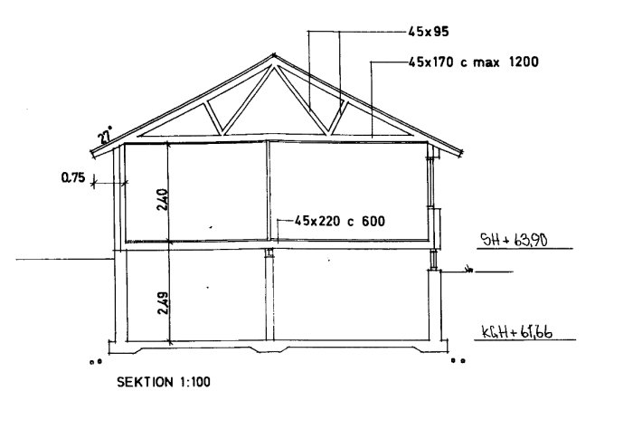 Teknisk ritning av snittet för ett hus med måttangivelser och takstolsdetaljer, skala 1:100.