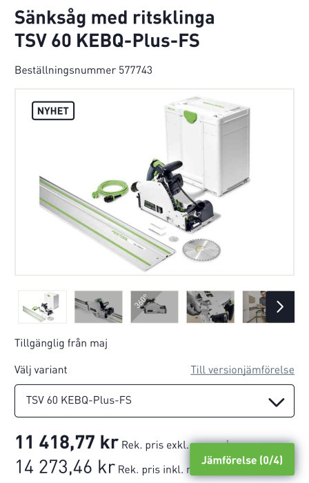 Sänksåg med tillbehör på näthandel, gröna detaljer, grå bakgrund, prisangivelse, "NYHET" märkning, produktbilder, tillgänglig från maj.