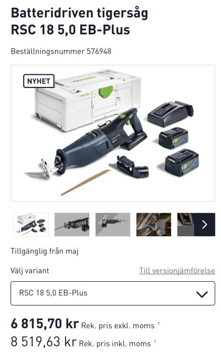 Batteridriven tigersåg, tillbehör, laddare, batterier, förvaringslåda, småbilder av användning, grå/grön, priser visas.