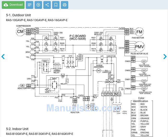 Elektriskt schema för utomhusenhet, inkluderar kompressor, fläktmotor, kretskort, reläer, färgkodning.