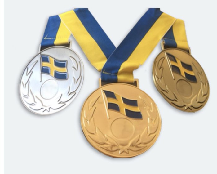 Tre medaljer med blå-gula band och Sveriges flagga: guld, silver, brons. Symboliserar idrottstävlingar och prestation.