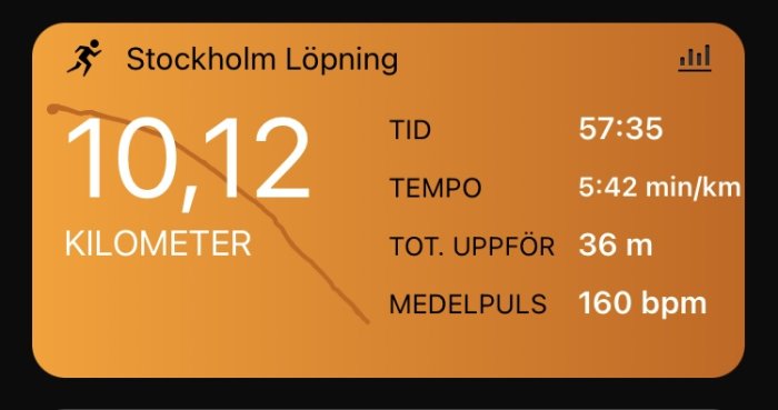 Löparapp skärm; 10,12 km avklarade i Stockholm, tid 57:35, tempo 5:42 min/km, höjd 36 m, pulsslag 160 bpm.