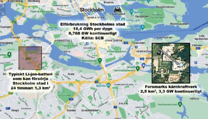 Karta över Stockholm med information om elförbrukning och jämförelse med batteristorlek och kärnkraftverk.