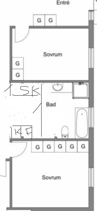 Svartvitt, ritning av en lägenhetsplan med två sovrum, badrum, entré och garderober.