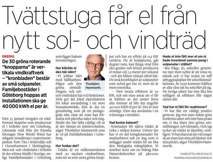 Artikel i svensk tidning om grön energi, "vindknoppar" med solpaneler, hoppas på 40000 kWh/år i Göteborg.